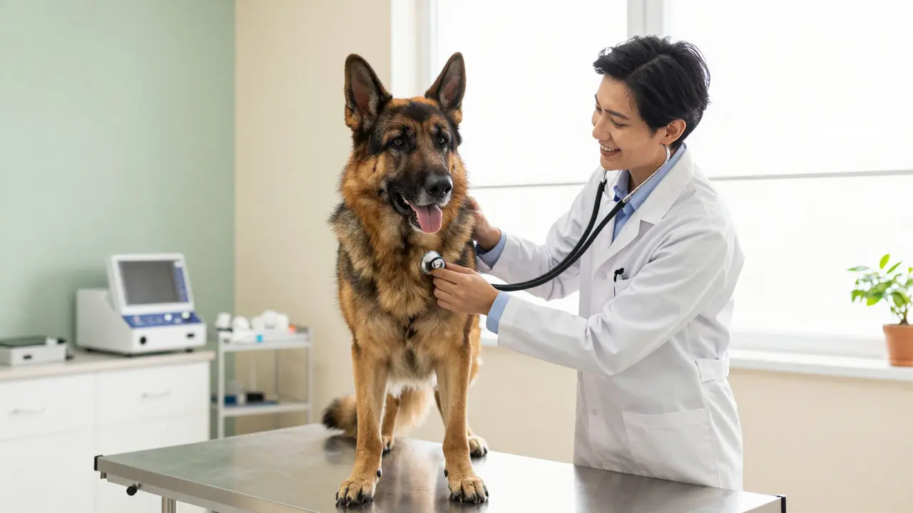 Veterinarian examining a senior German Shepherd in a clinic