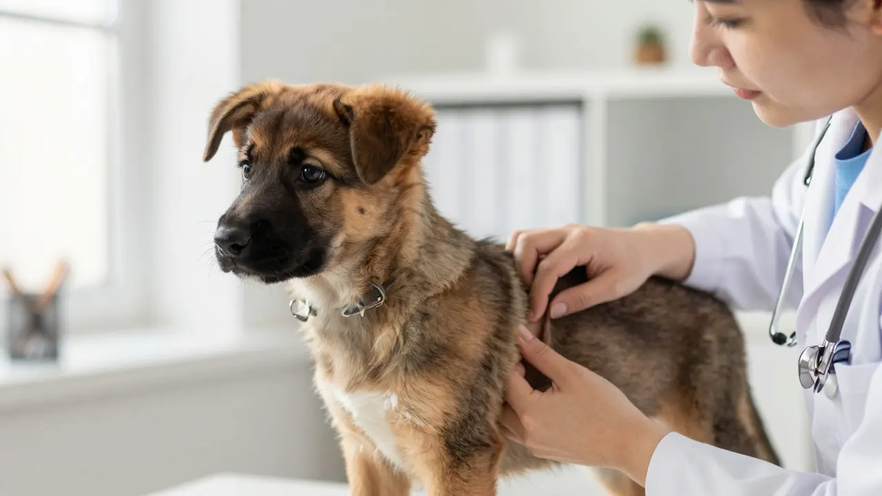 Veterinarian examining a young German Shepherd puppy's hip in a sunny clinic