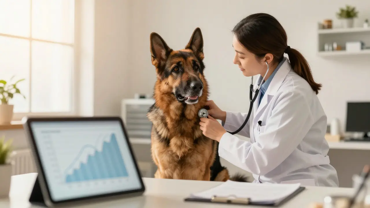 Veterinarian examining an older German Shepherd in a warmly lit exam room