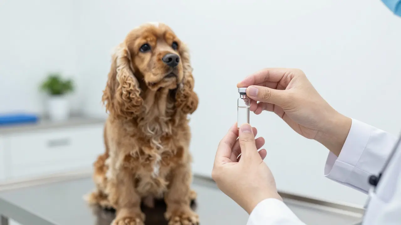 Veterinarian holding a blood sample vial while a Cocker Spaniel waits on an exam table