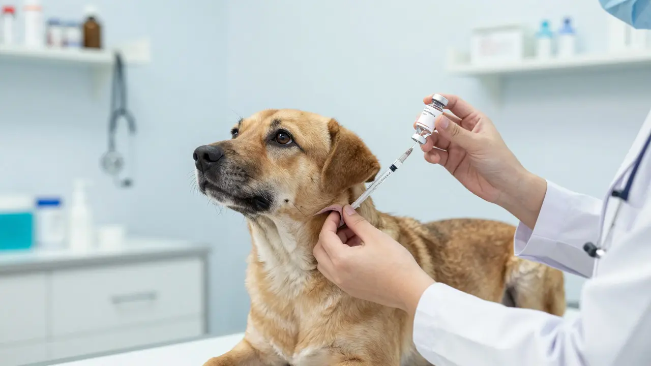 Veterinarian preparing an insulin injection for a dog on an exam table