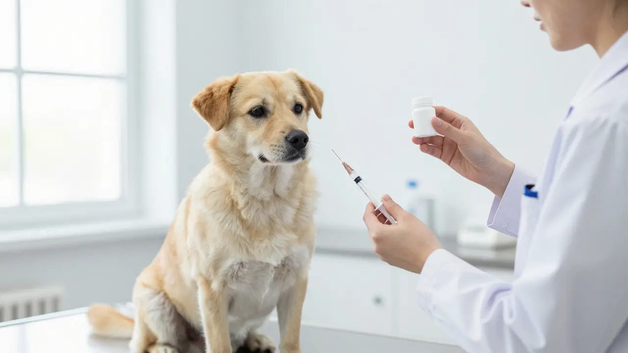 Veterinarian preparing medication for a calm dog on exam table