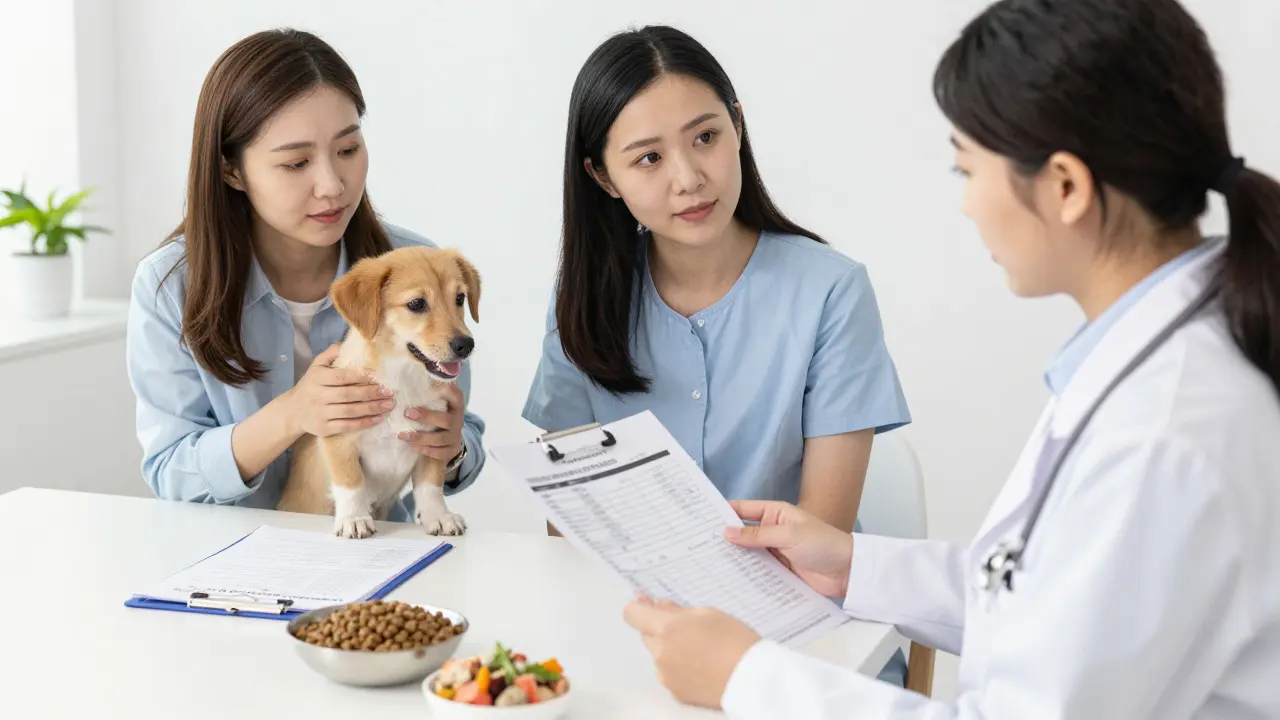 Veterinary nutritionist consulting with a dog owner and their pet in an office