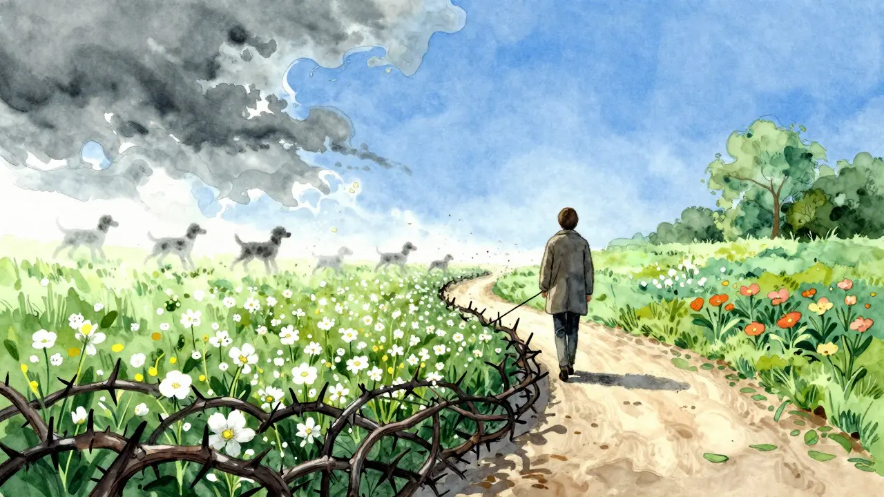 Watercolor illustration of a person walking a path from thorns to flowers