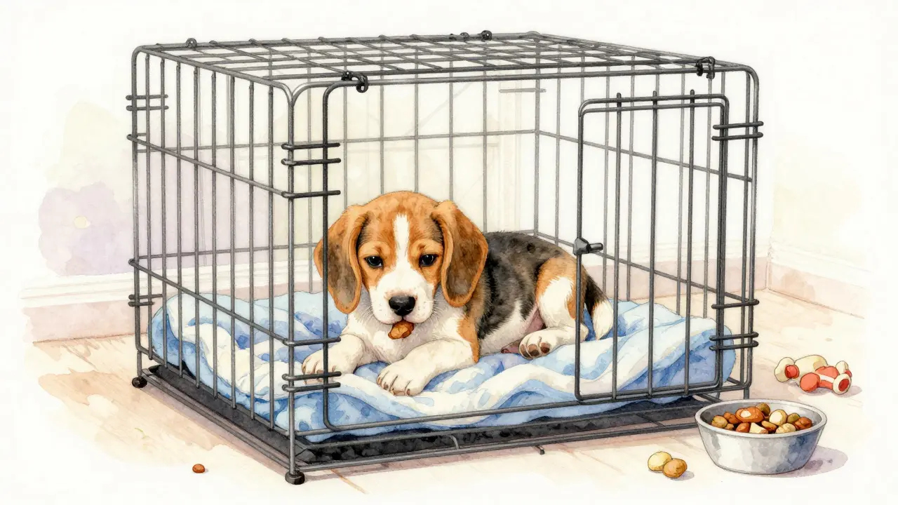 Watercolor illustration of a relaxed puppy resting comfortably in an open crate