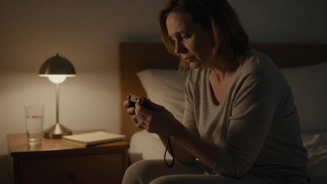 Woman holding a dog collar in a dimly lit bedroom at night