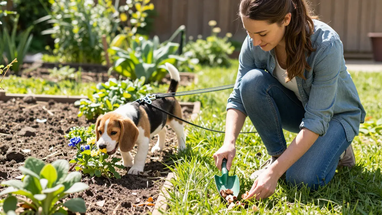 Woman picking up dog waste in a garden while a beagle puppy plays nearby