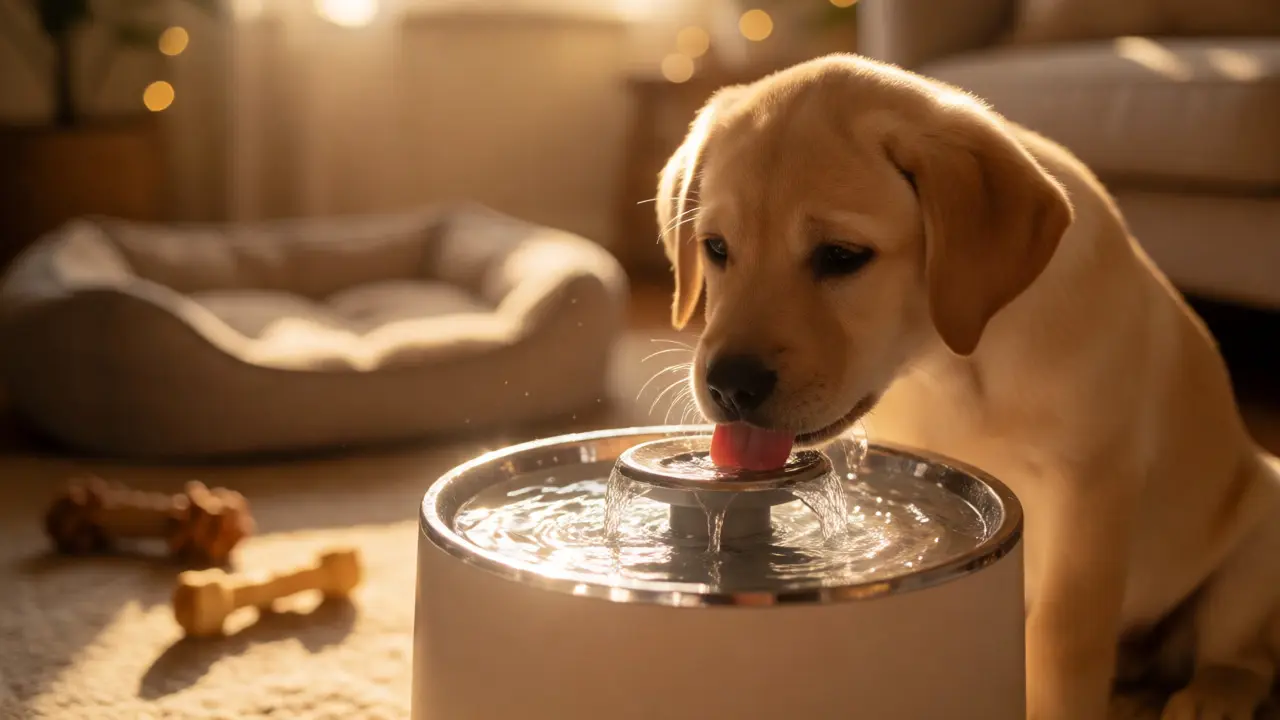 Young Labrador puppy drinking from a pet fountain in a living room