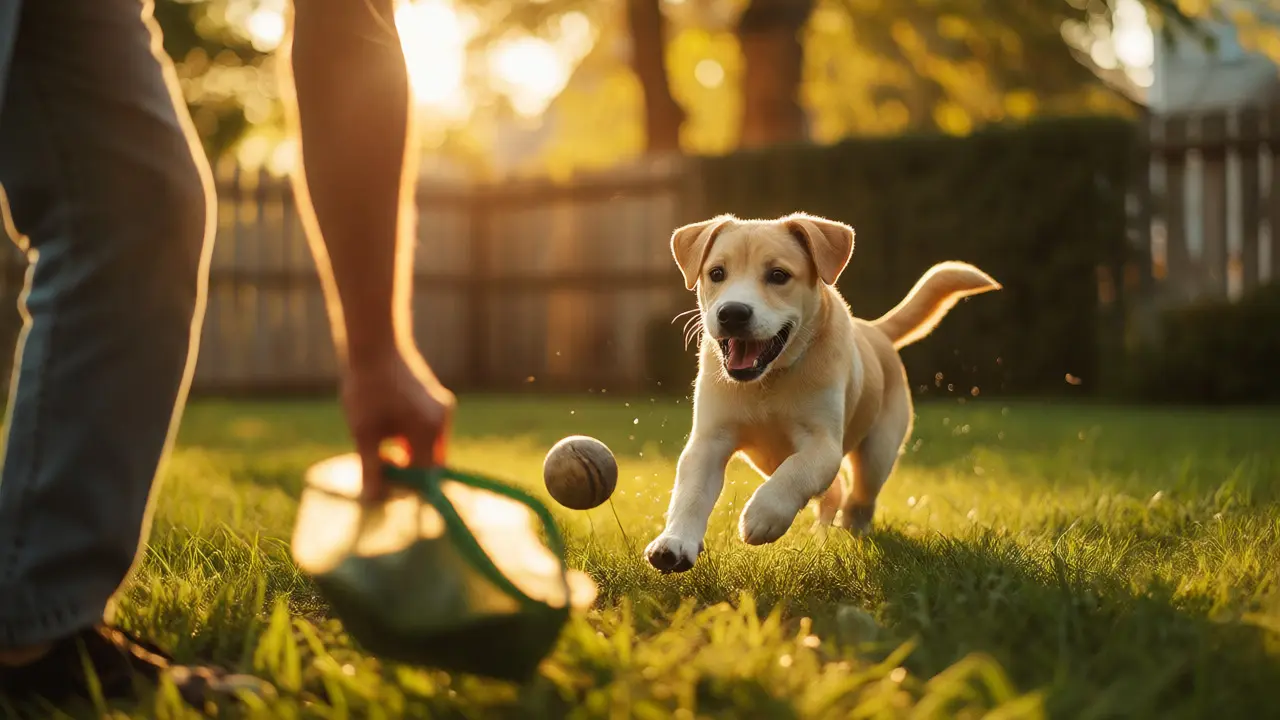 A healthy puppy playing in a sunny yard after recovery.