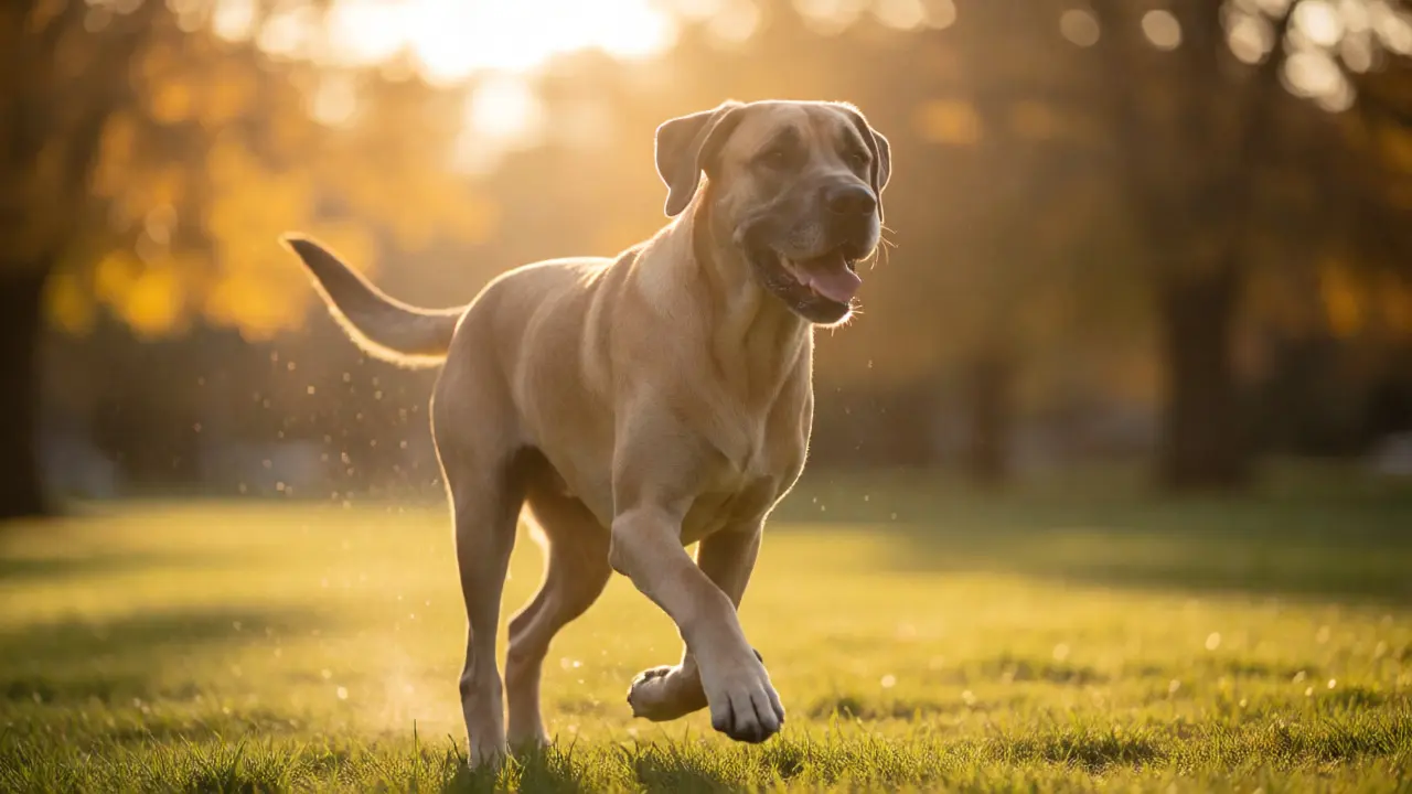 A large breed dog running vigorously in a park, showcasing joint health and vitality from hormone preservation.