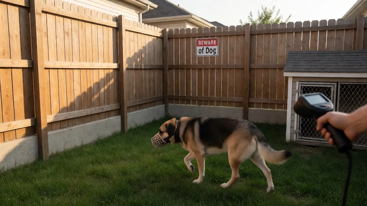 A muzzled dog walks securely within a fenced backyard enclosure during sunset.