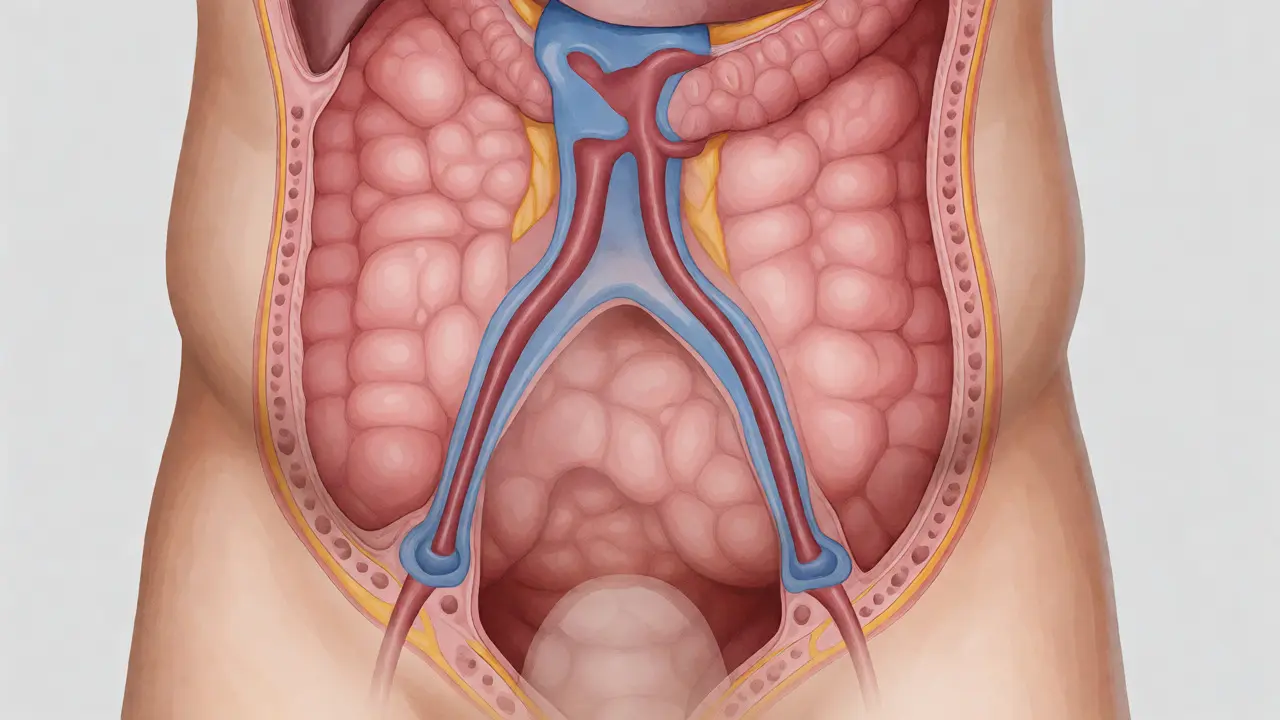Anatomical view of a canine vasectomy showing intact testicles and severed vas deferens tubes.