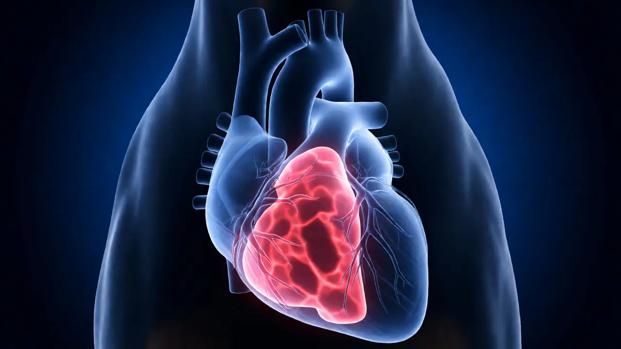 Anatomical view of a Doberman's heart showing irregular electrical signals and fat deposits.