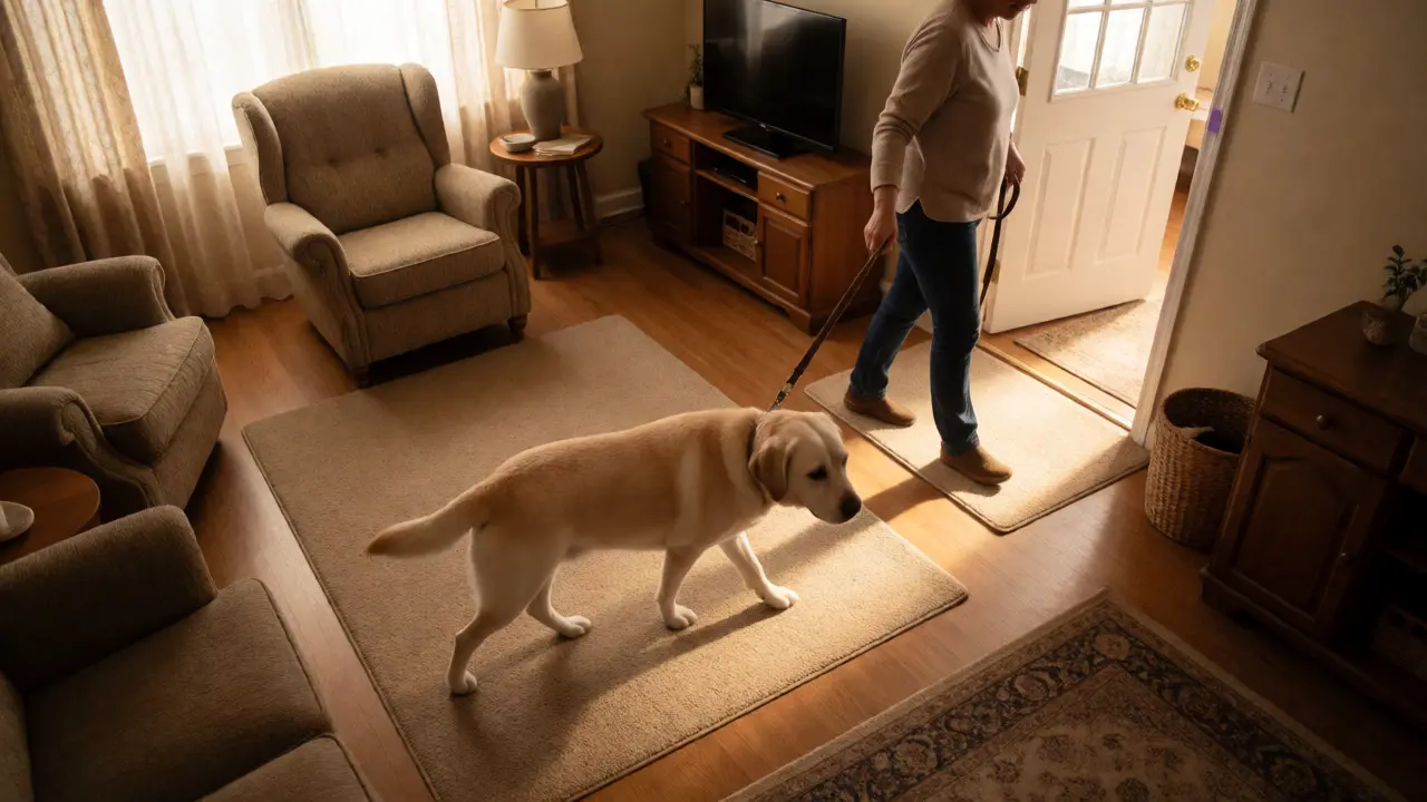 Blind Labrador guided by owner across rug-covered floor in a sunlit living room.