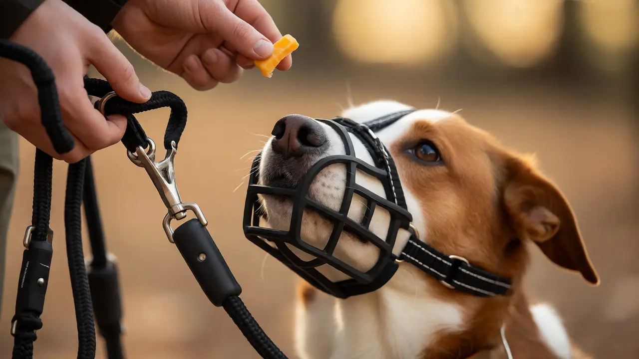 Close-up of a muzzled dog being rewarded with a treat while wearing a front-clip harness.