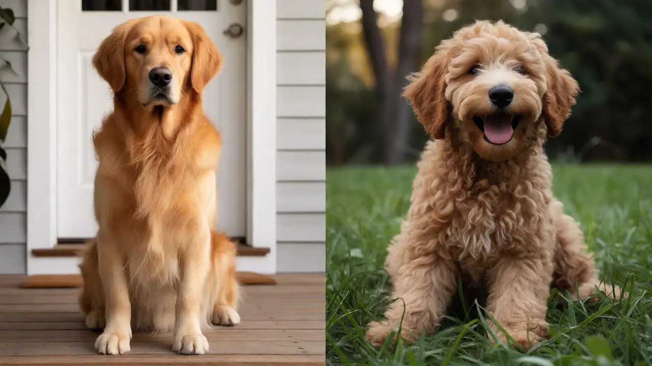 Comparison of a calm Golden Retriever and active Labradoodle