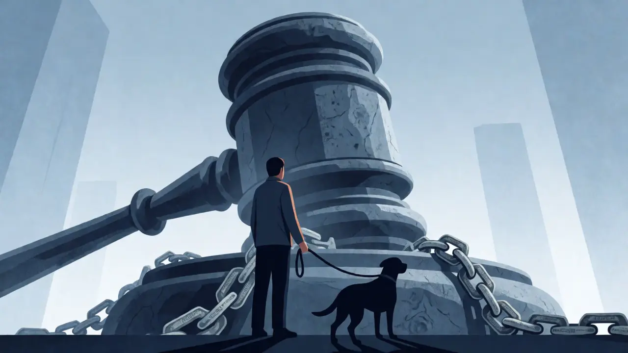 Conceptual art showing a person facing a giant gavel representing legal liability for their dog.