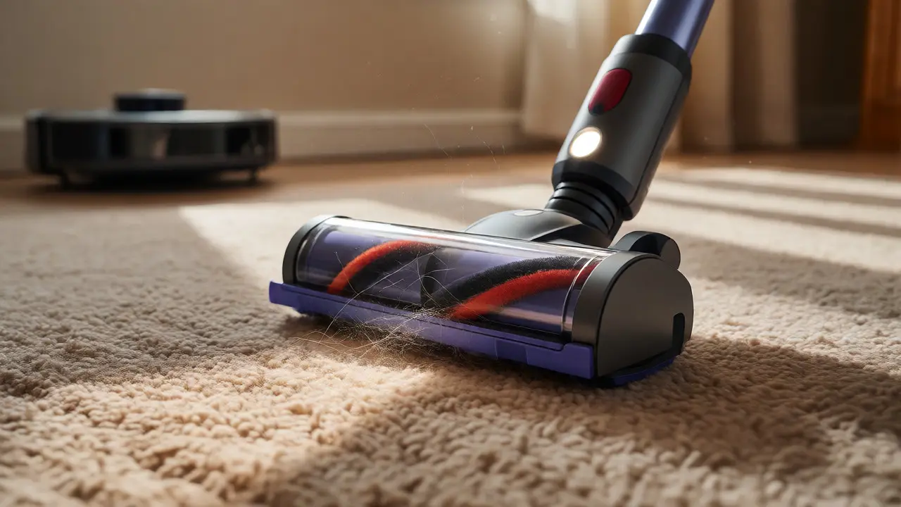 Cordless vacuum lifting pet hair from carpet with a tangle-free brushroll.