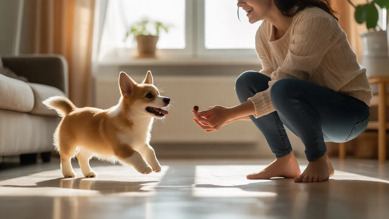 Corgi puppy running happily toward owner for a treat indoors
