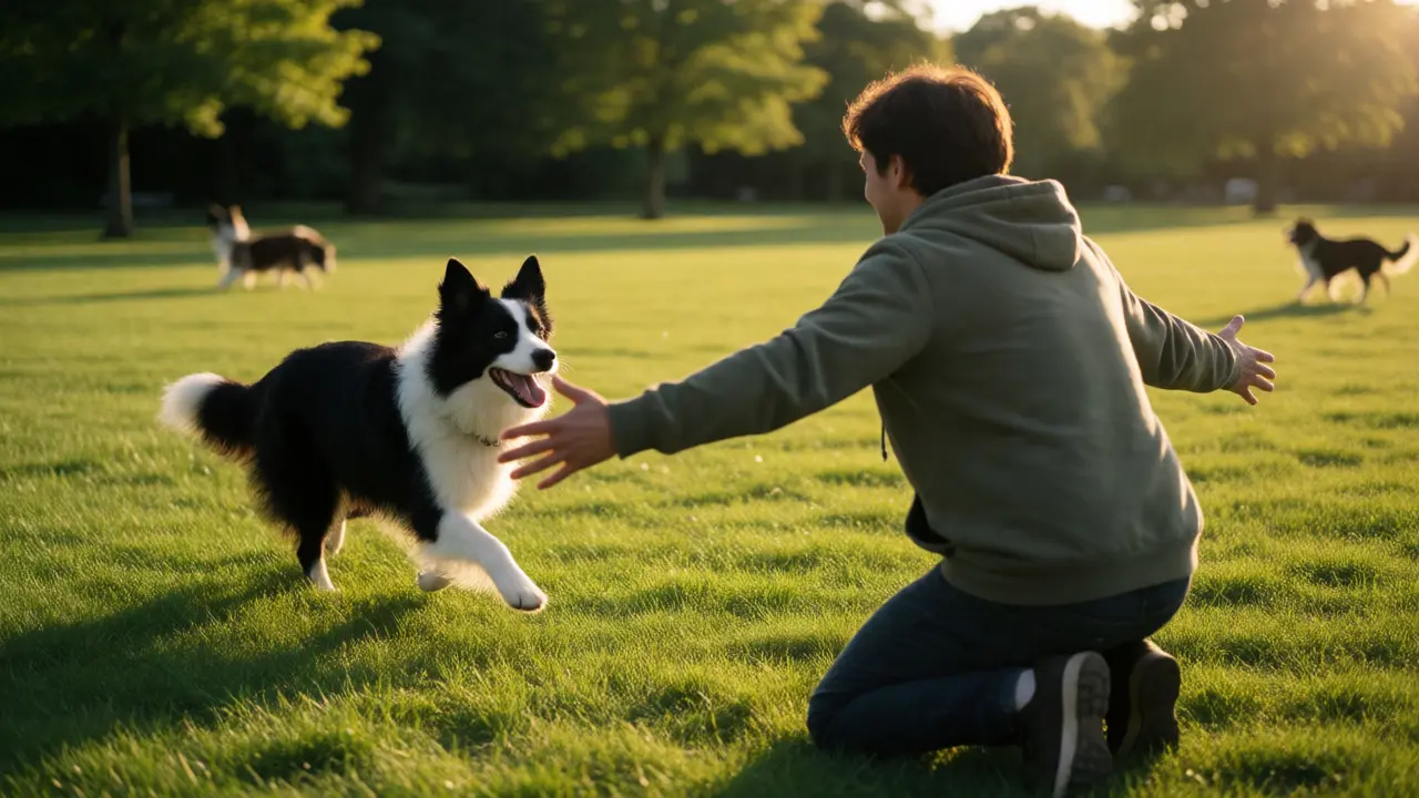 Deaf Border Collie running towards owner using hand signals in a park at sunset.