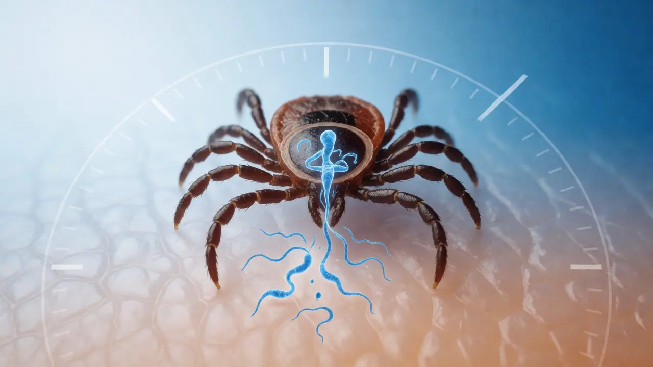 Diagram showing bacterial migration in an attached tick over time