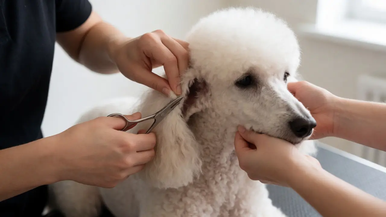 Groomer carefully plucking ear hair from a calm Standard Poodle with hemostats