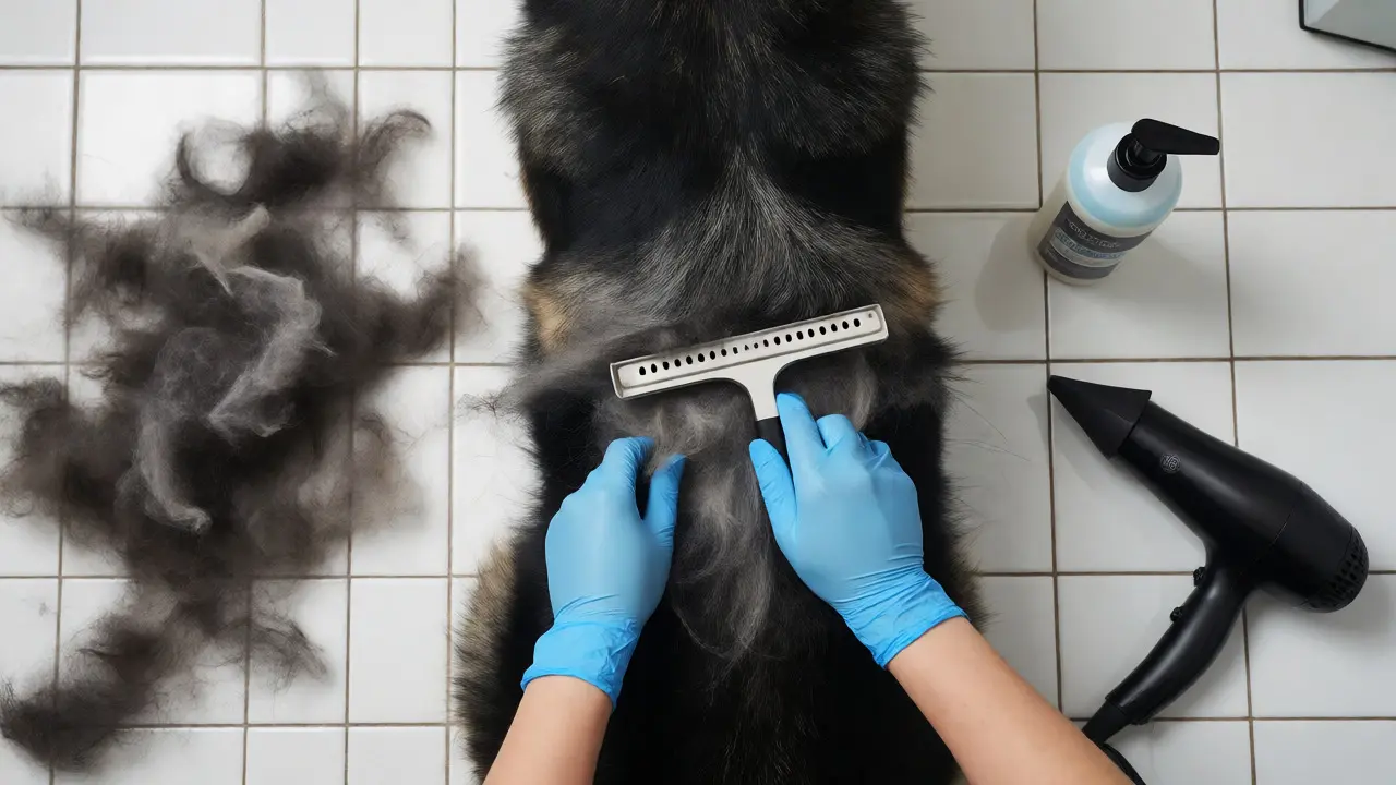 Grooming a German Shepherd with an undercoat rake on a tiled floor.