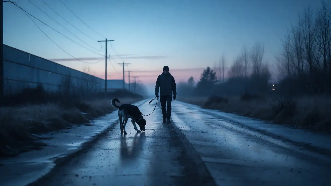 Handler walks a relaxed dog on a long line through a quiet, empty trail at dawn.