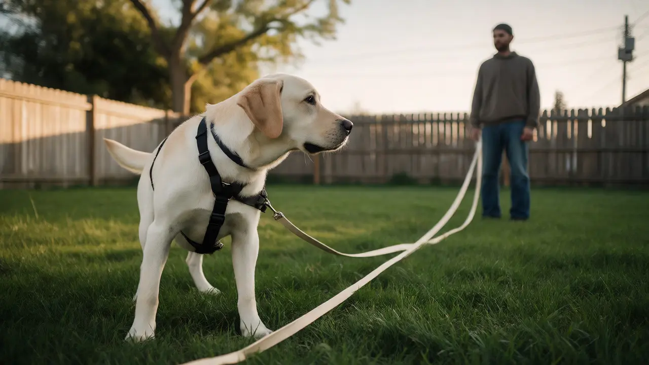 Labrador on a long line looking back at owner in backyard