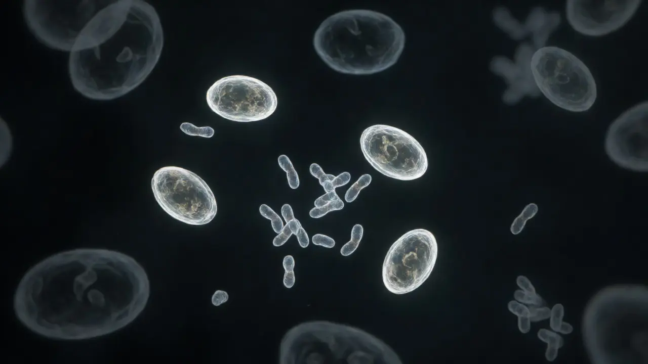 Microscopic view of roundworm and hookworm eggs during a fecal flotation exam.
