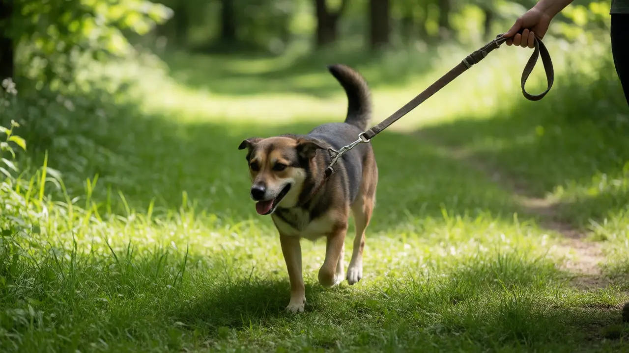 Overweight dog trotting on a grassy forest trail during a supervised walk.