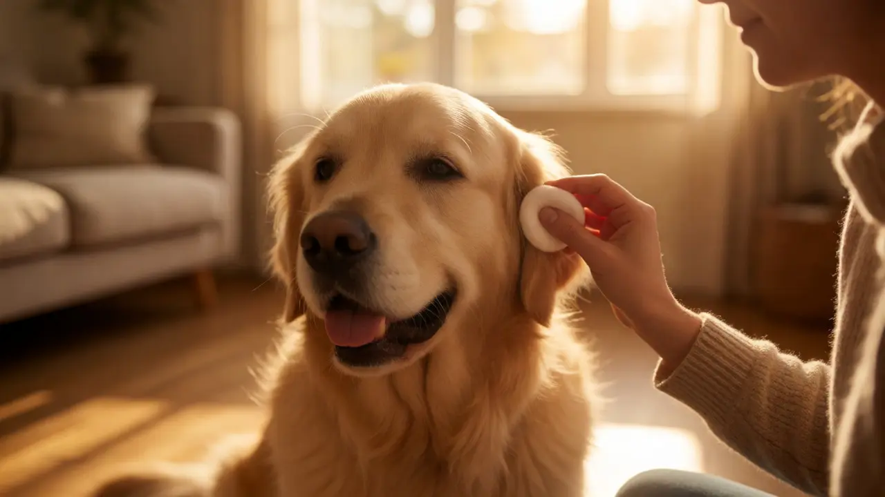 Owner applying soothing cleanser to a relaxed Golden Retriever's ear