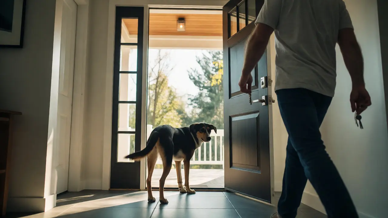 Owner leaving casually while a calm dog waits by the open front door.