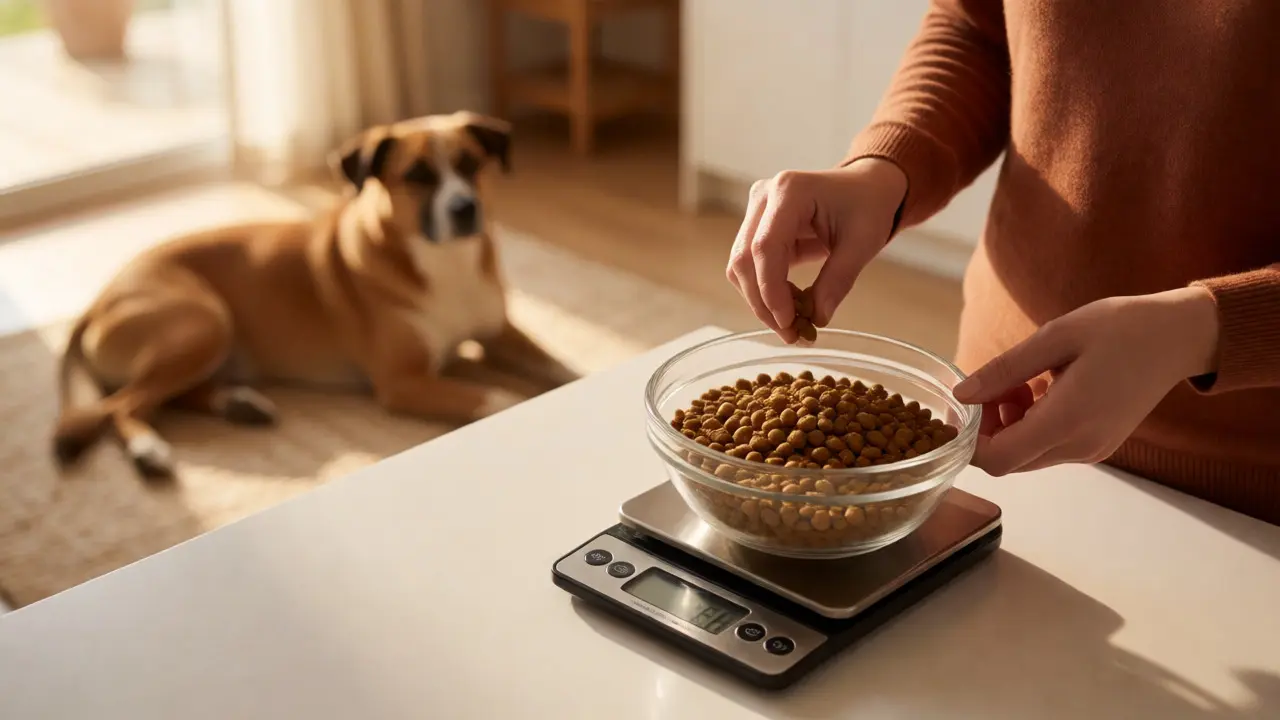 Owner measuring dog food on a scale in a sunlit kitchen with a healthy dog nearby.