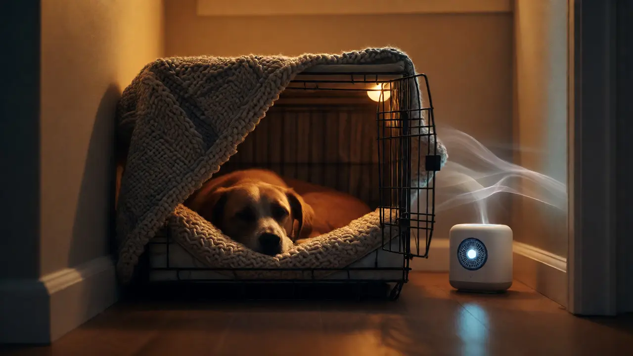 Relaxed dog resting in a sound-dampened safe zone with warm lighting and white noise.