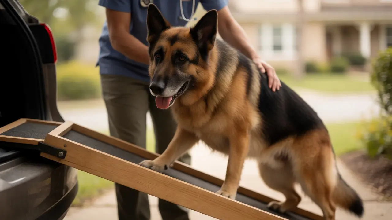 Senior German Shepherd using a ramp to enter a car