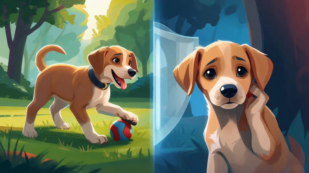 Split view of a healthy puppy playing versus one showing signs of illness.