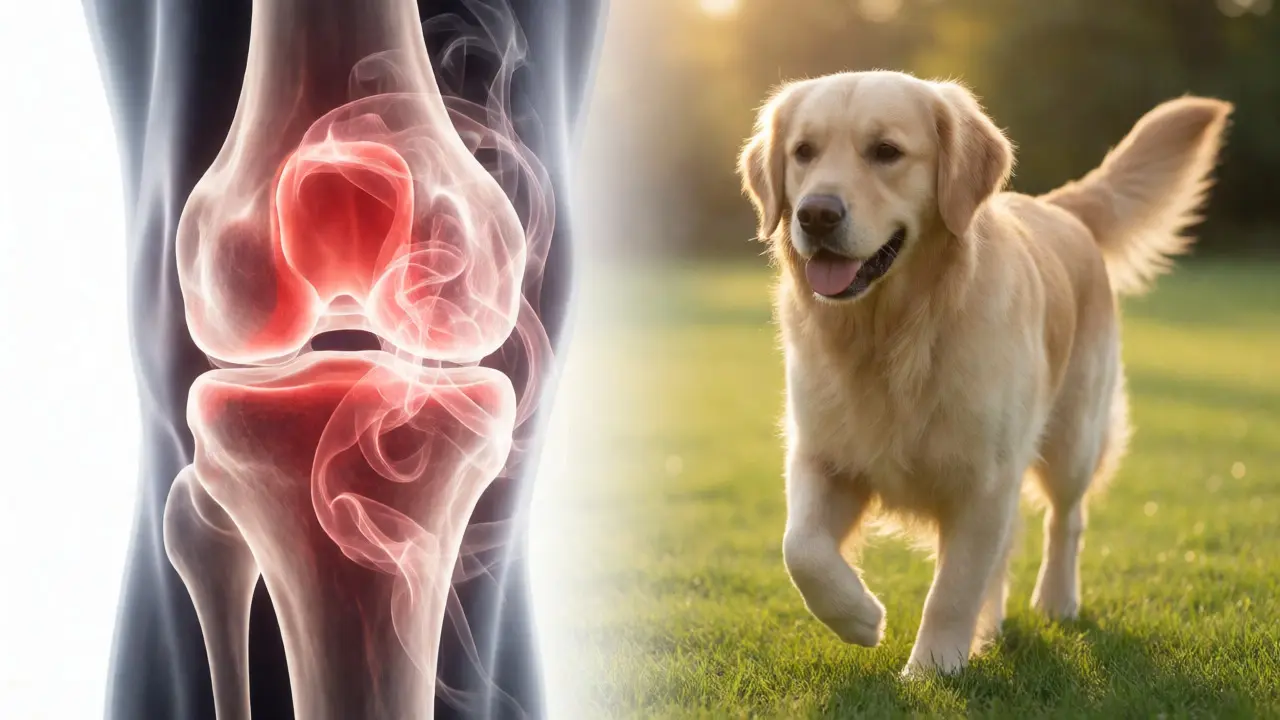 Split view of inflamed dog joint vs healthy dog running