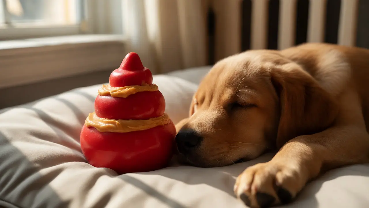 Stuffed Kong toy beside a sleeping puppy in a safe playpen area.