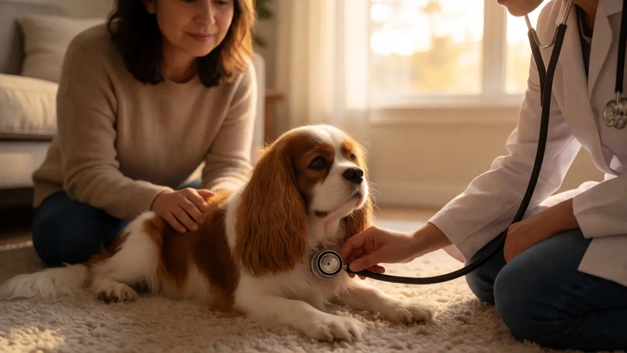 Veterinarian examining a Cavalier King Charles Spaniel with a stethoscope in a warm home setting.