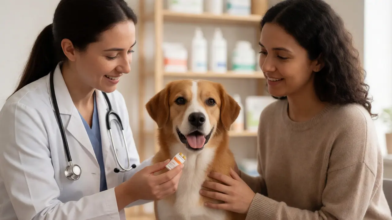 Veterinarian giving a dog a preventative chew in a clinic