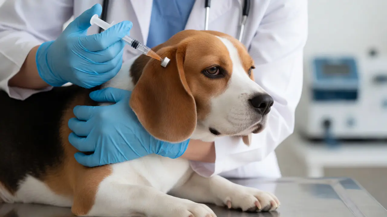 Veterinarian performing a blood draw on a calm Beagle for heartworm screening.