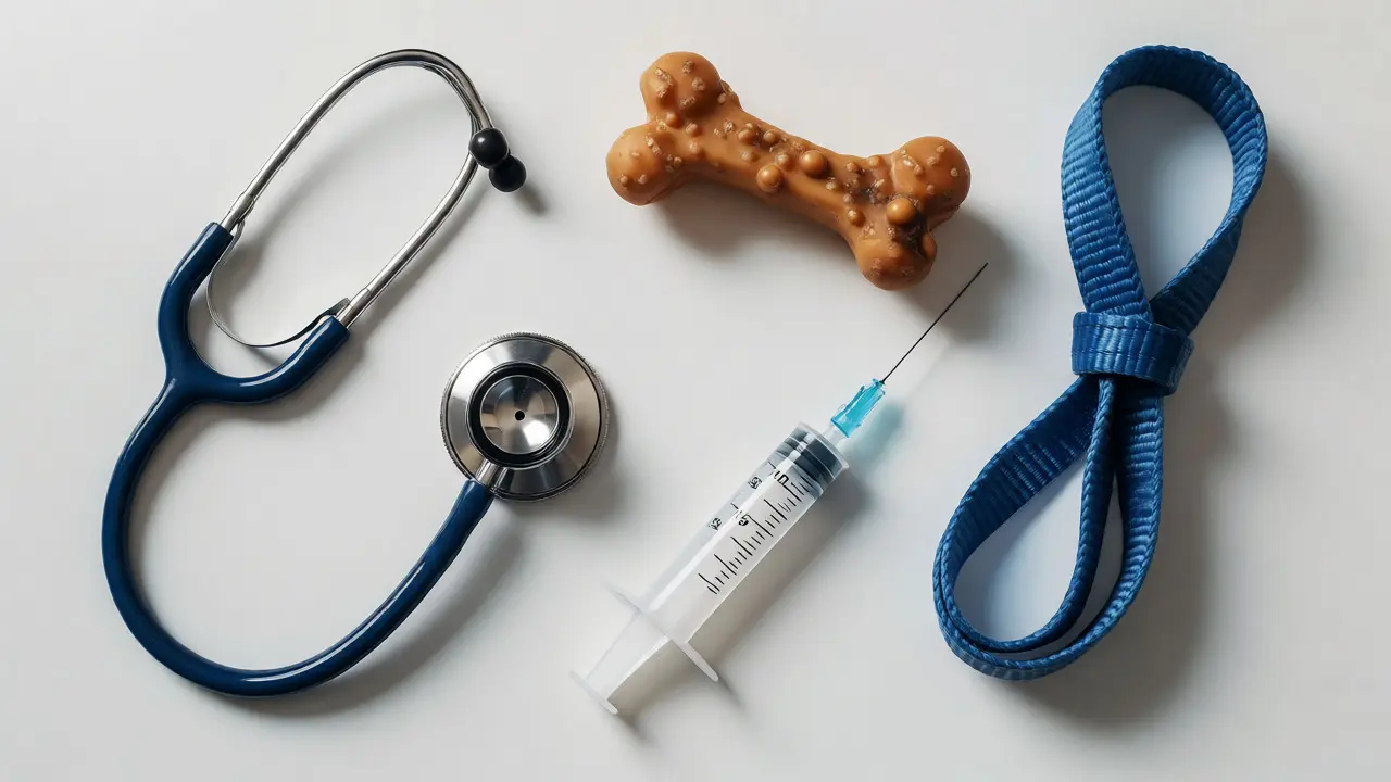 Veterinary tools and a chew toy arranged on a clean white examination table.