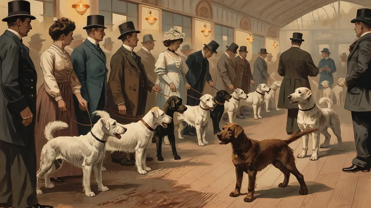 Victorian era dog show with handlers and spectators